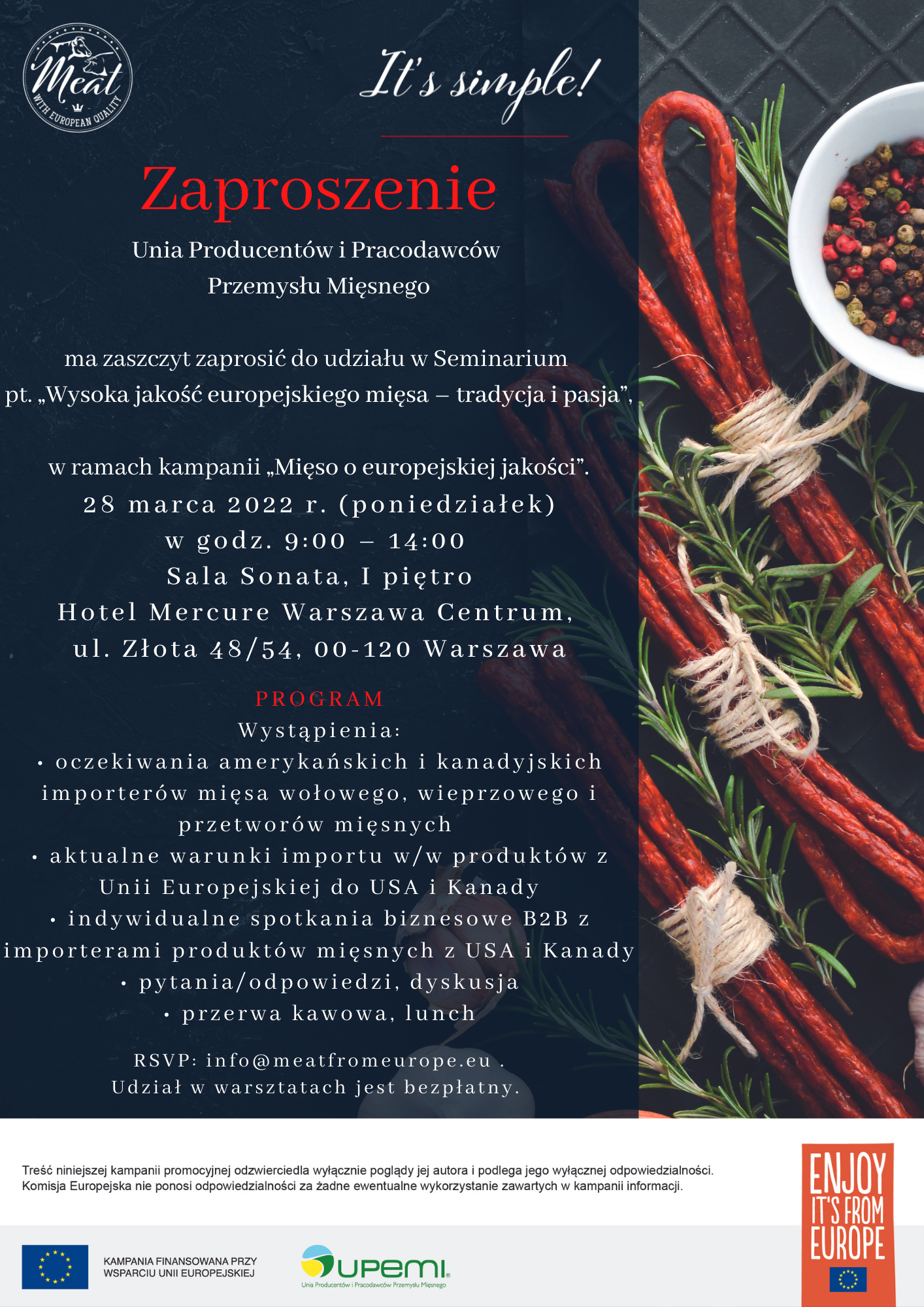 Warszawa, 28 marca 2022 r. zapraszamy na Seminarium pt. „Wysoka jakość europejskiego mięsa – tradycja i pasja”z udziałem importerów mięsa z USA i Kanady